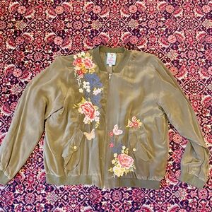 Johnny Was Olive Floral Bomber Jacket
